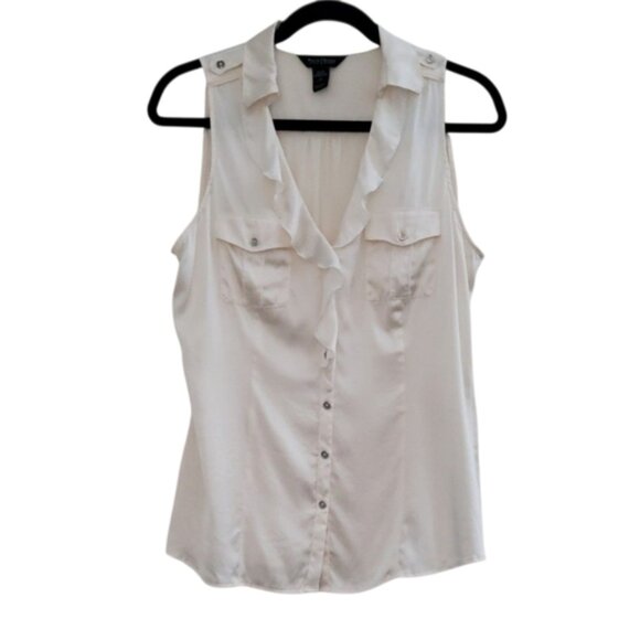 White House Black Market Ecru Sleeveless Silk Button Down Ruffle Blouse Size 12 - Picture 3 of 8
